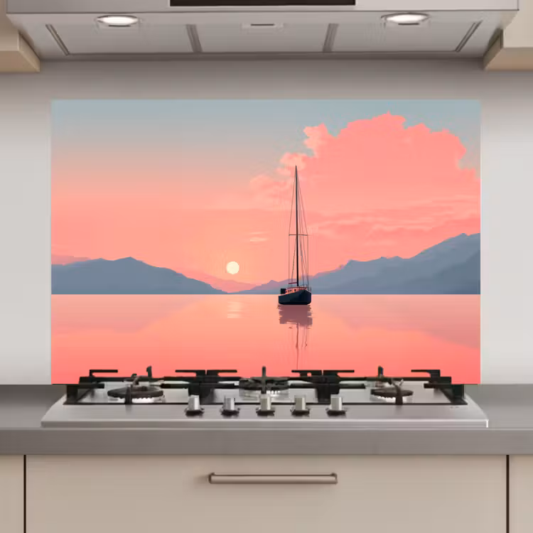 Zeilboot - Roze zee - Zonsondergang - Bergen keuken achterwand spatscherm klein -3d_website
