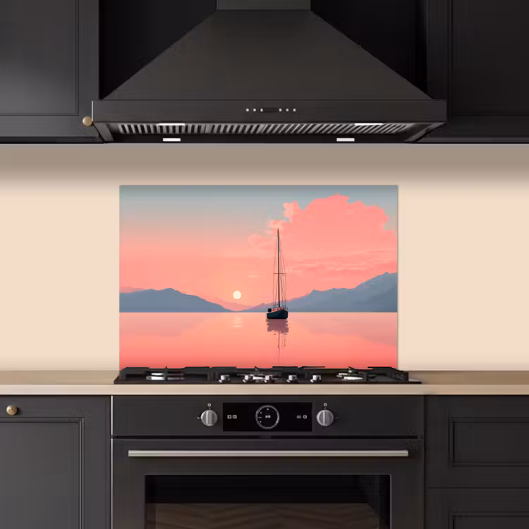 Zeilboot - Roze zee - Zonsondergang - Bergen keuken achterwand spatscherm klein -sfeer1