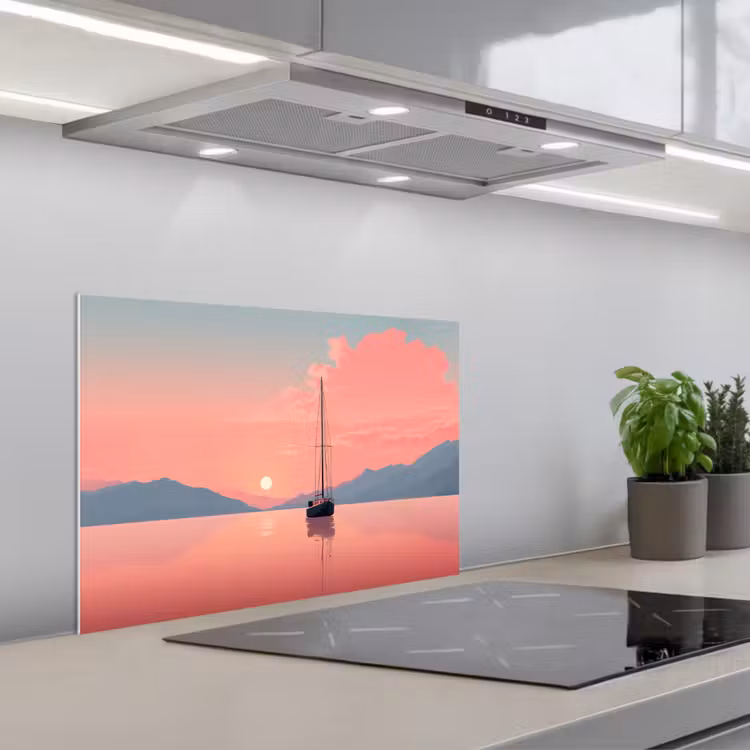 Zeilboot - Roze zee - Zonsondergang - Bergen keuken achterwand spatscherm klein -3d_schuin