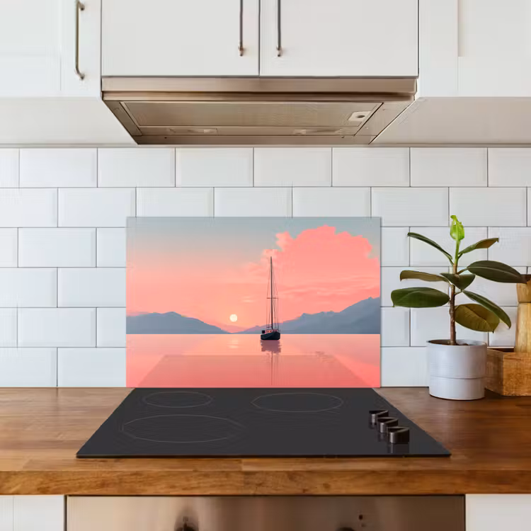 Zeilboot - Roze zee - Zonsondergang - Bergen keuken achterwand spatscherm klein -sfeer2