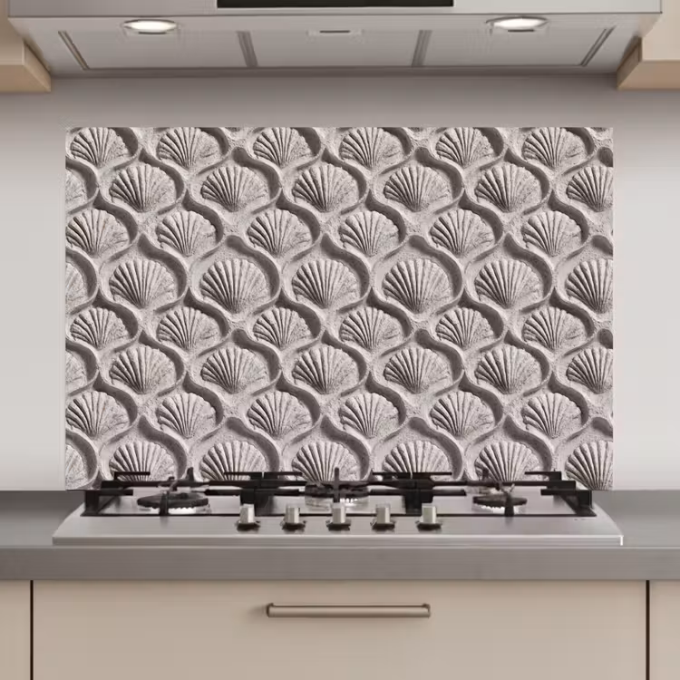 Zand - Schelpenvorm - Grijs keuken achterwand spatscherm klein 900 -3d_website