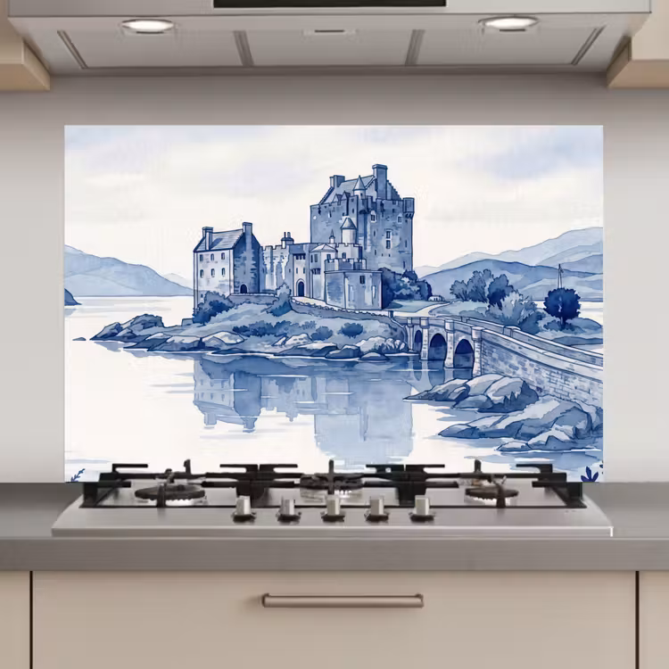 Schots - Kasteel - Blauw - Aquarel keuken achterwand spatscherm klein -3d_website