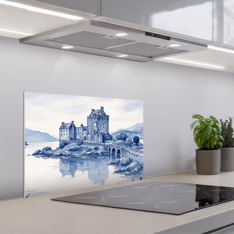 Schots - Kasteel - Blauw - Aquarel keuken achterwand spatscherm klein -3d_schuin