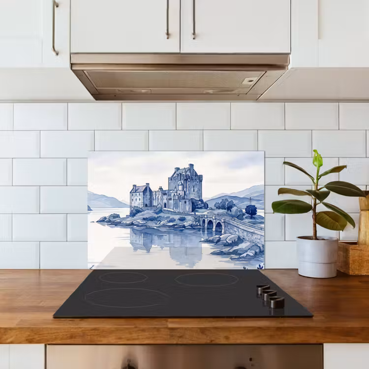 Schots - Kasteel - Blauw - Aquarel keuken achterwand spatscherm klein -sfeer2