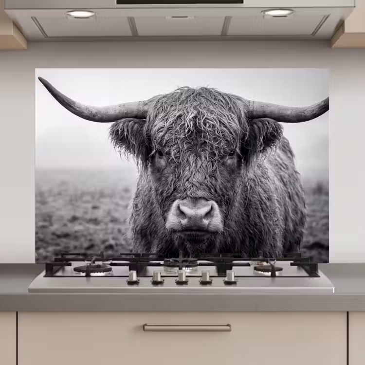 Schotse hooglander - Zwart - Wit - Gras keuken achterwand spatscherm klein -3d_website