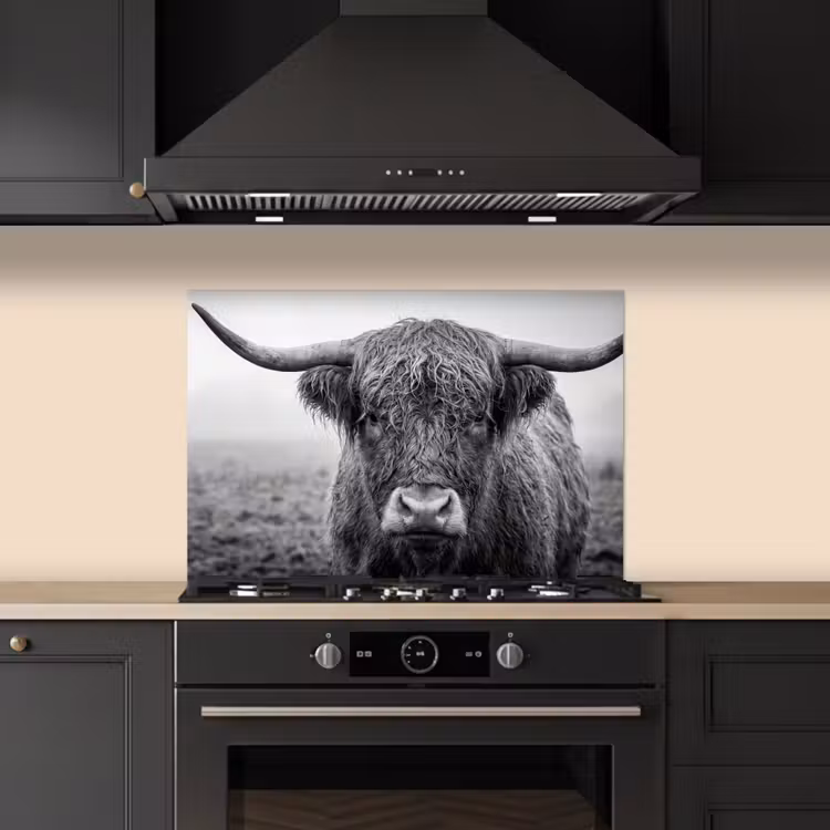 Schotse hooglander - Zwart - Wit - Gras keuken achterwand spatscherm klein -sfeer1