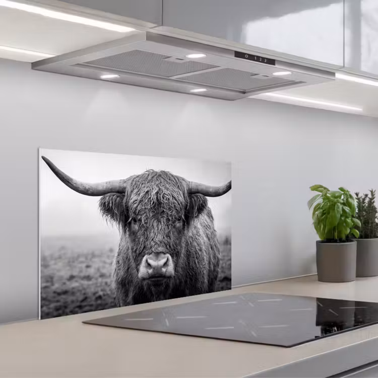 Schotse hooglander - Zwart - Wit - Gras keuken achterwand spatscherm klein -3d_schuin
