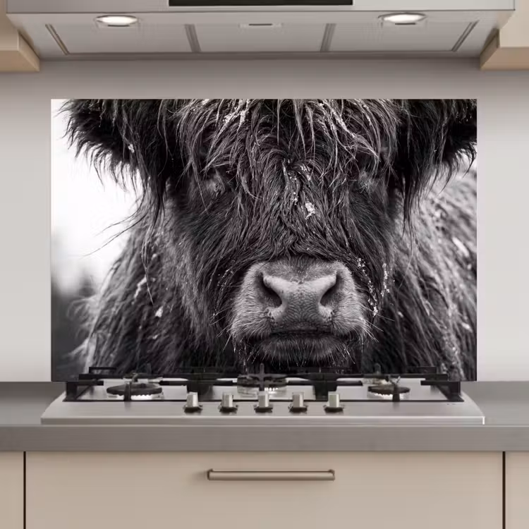 Schotse hooglander - Zwart - Wit - Sneeuwvlokken keuken achterwand spatscherm klein -3d_website