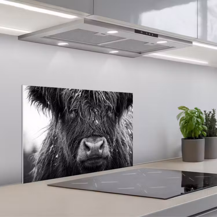 Schotse hooglander - Zwart - Wit - Sneeuwvlokken keuken achterwand spatscherm klein -3d_schuin