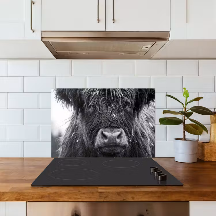 Schotse hooglander - Zwart - Wit - Sneeuwvlokken keuken achterwand spatscherm klein -sfeer2