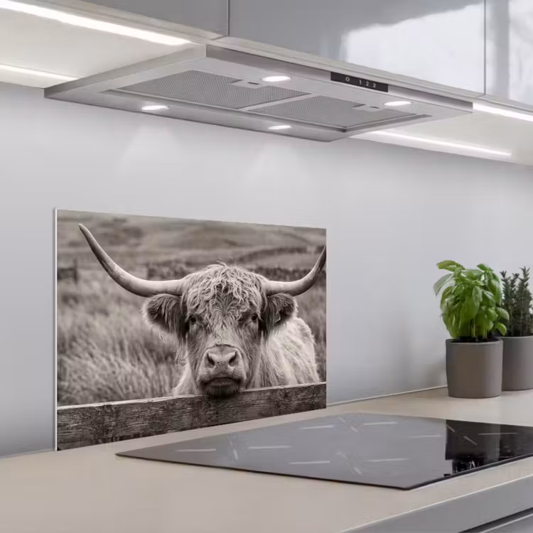 Schotse hooglander - Zwart - Wit - Hout keuken achterwand spatscherm klein -3d_schuin