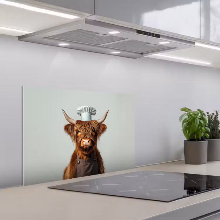 Schotse Hooglander - Bruin - Hoorns - Kokskleding keuken achterwand spatscherm klein -3d_schuin