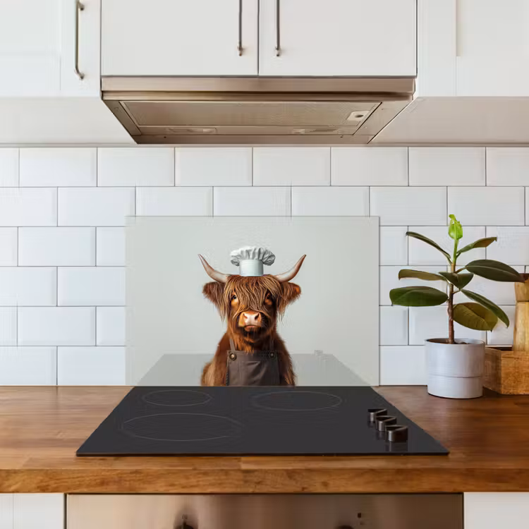 Schotse Hooglander - Bruin - Hoorns - Kokskleding keuken achterwand spatscherm klein -sfeer2