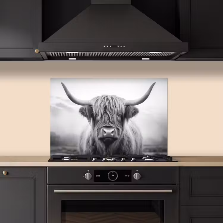 Schotse hooglander - Mist - Zwart - Wit keuken achterwand spatscherm klein -sfeer1