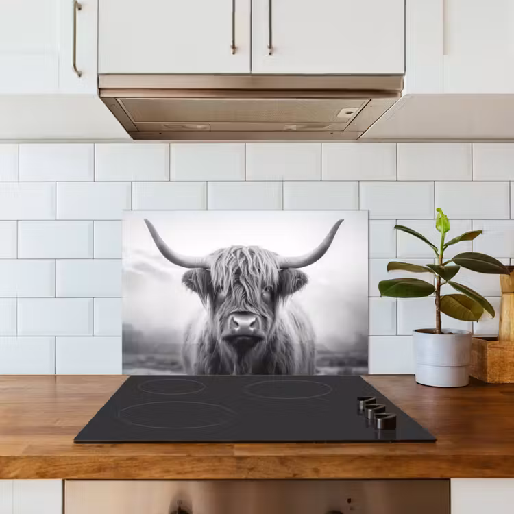 Schotse hooglander - Mist - Zwart - Wit keuken achterwand spatscherm klein -sfeer2