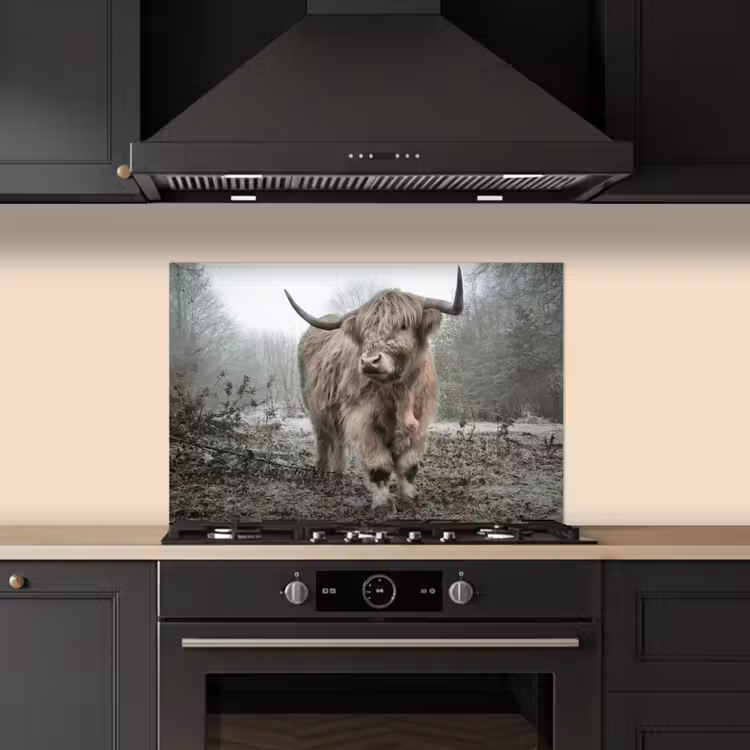 Schotse Hooglander - Bos - Mist - Koe - Dieren - Natuur keuken achterwand spatscherm klein -sfeer1