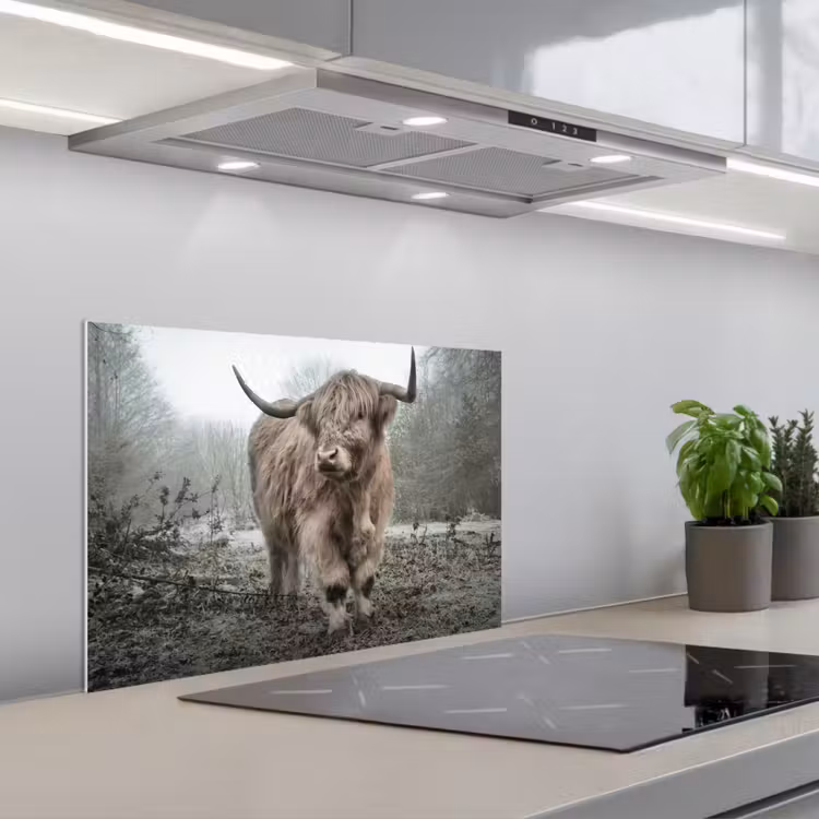 Schotse Hooglander - Bos - Mist - Koe - Dieren - Natuur keuken achterwand spatscherm klein -3d_schuin