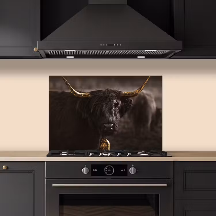Schotse hooglander - Goud - Koebel - Hoorns - Dieren keuken achterwand spatscherm klein -sfeer1