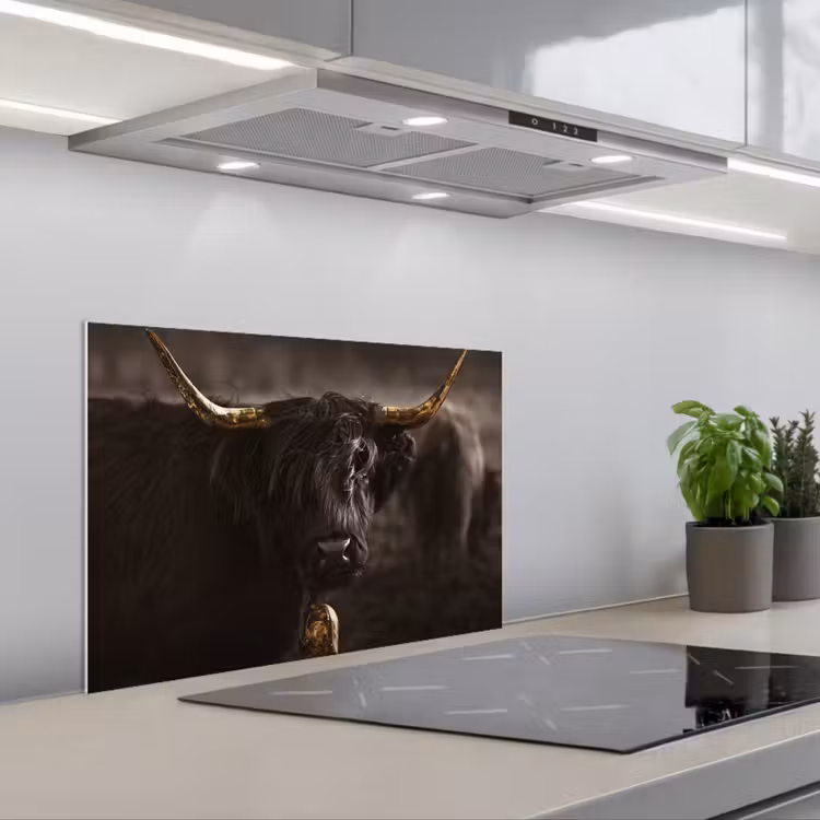 Schotse hooglander - Goud - Koebel - Hoorns - Dieren keuken achterwand spatscherm klein -3d_schuin