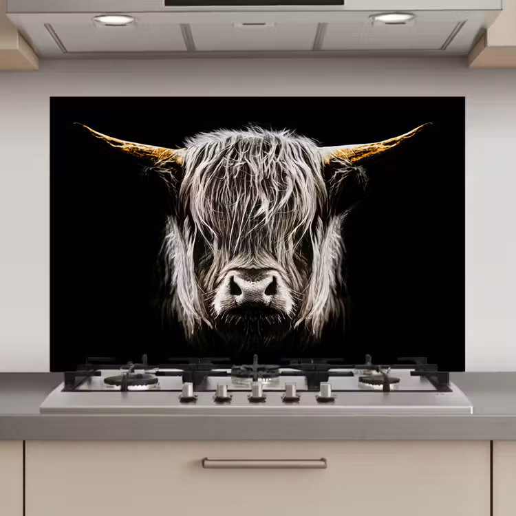 Schotse hooglander - Goud - Hoorns - Zwart wit - Koe - Dieren keuken achterwand spatscherm klein -3d_website