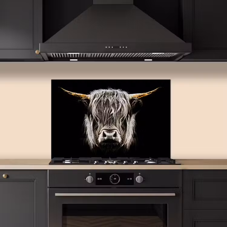 Schotse hooglander - Goud - Hoorns - Zwart wit - Koe - Dieren keuken achterwand spatscherm klein -sfeer1