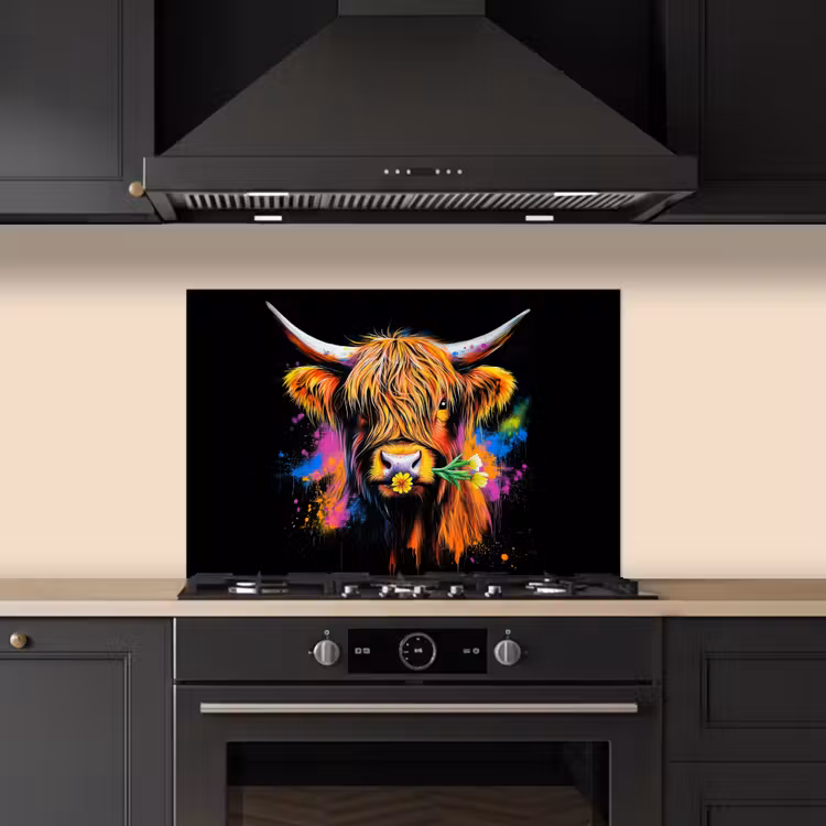 Schotse Hooglander - Graffiti - Kleurrijk - Bloem - Dieren keuken achterwand spatscherm klein -sfeer1