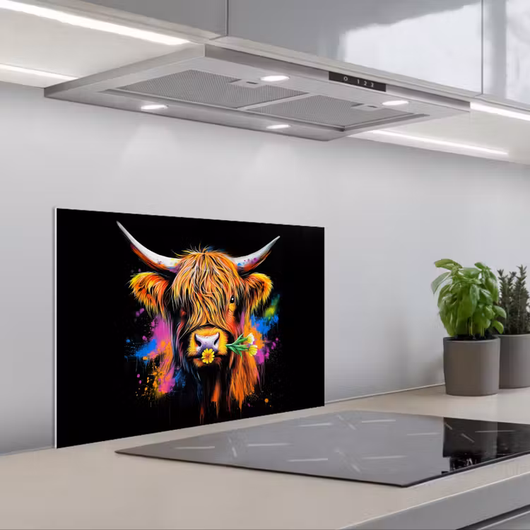 Schotse Hooglander - Graffiti - Kleurrijk - Bloem - Dieren keuken achterwand spatscherm klein -3d_schuin