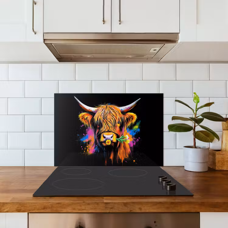 Schotse Hooglander - Graffiti - Kleurrijk - Bloem - Dieren keuken achterwand spatscherm klein -sfeer2