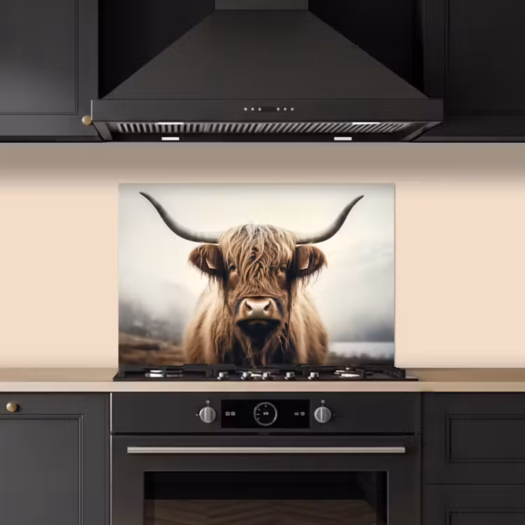 Schotse hooglander - Hoorns - Landschap keuken achterwand spatscherm klein -sfeer1