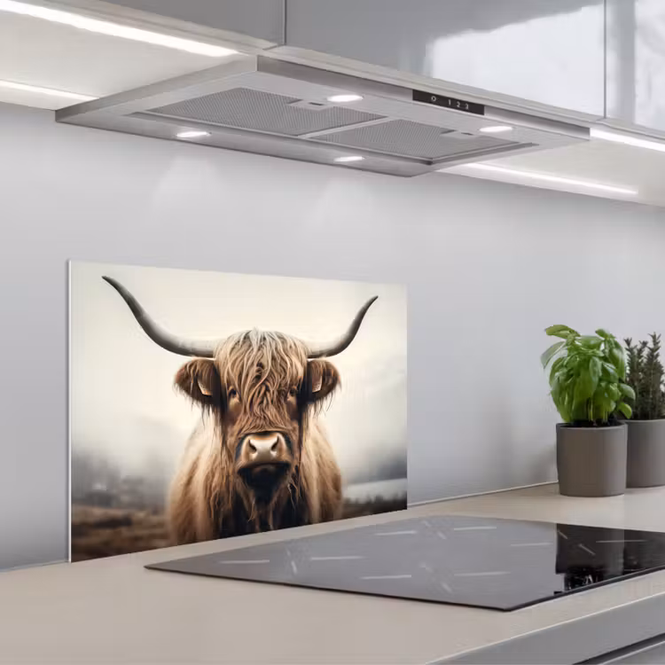 Schotse hooglander - Hoorns - Landschap keuken achterwand spatscherm klein -3d_schuin