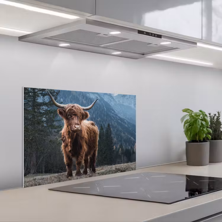 Schotse hooglander - Berg - Landschap - Bomen - Koe - Natuur keuken achterwand spatscherm klein -3d_schuin