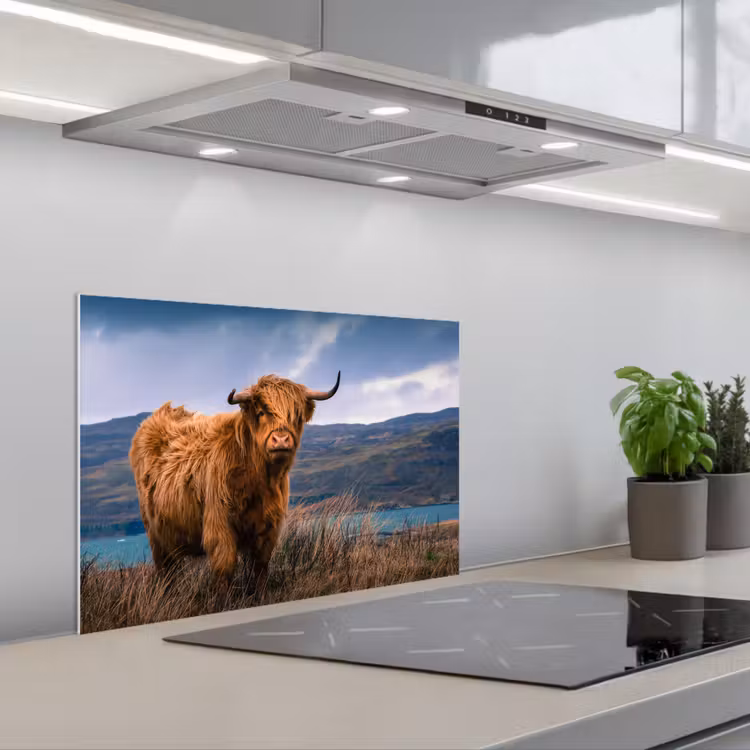 Schotse Hooglander - Berg - Water - Natuur - Koe keuken achterwand spatscherm klein -3d_schuin