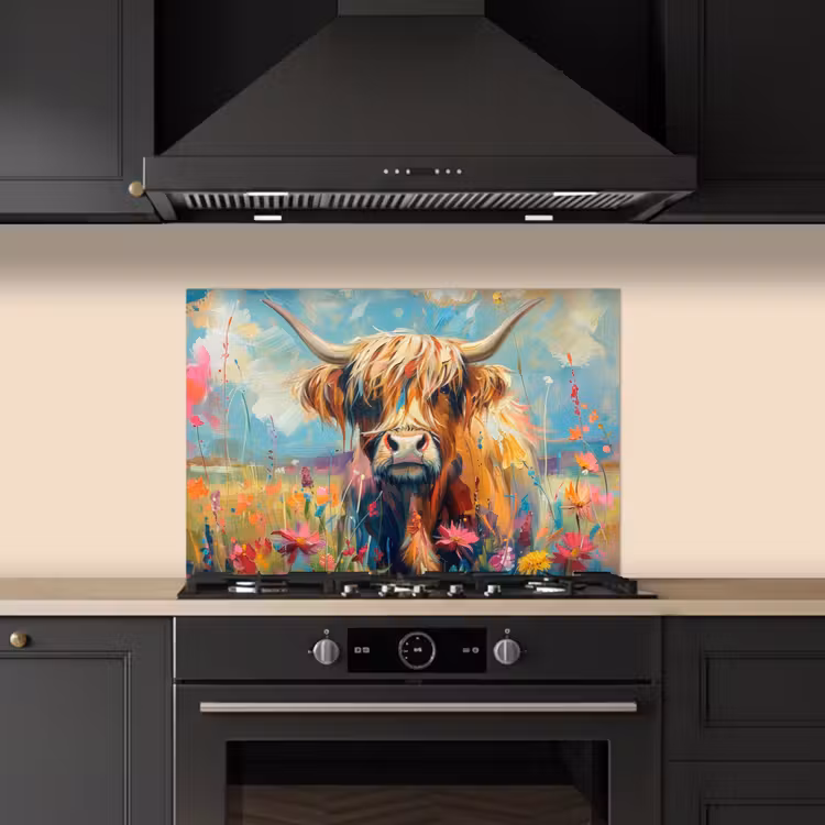 Schotse hooglander - Natuur - Kleurrijk - Bloemen keuken achterwand spatscherm klein -sfeer1