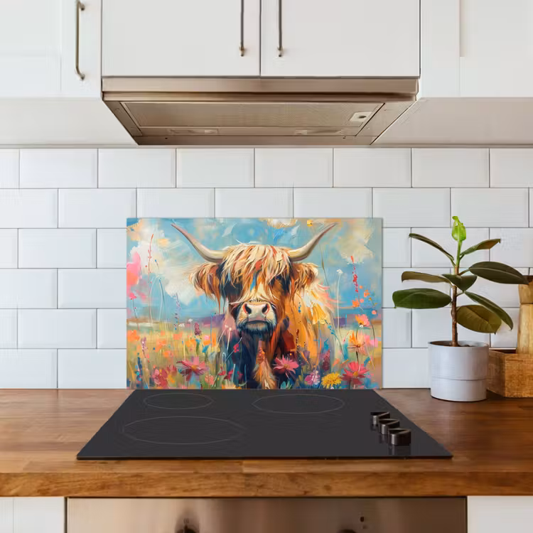 Schotse hooglander - Natuur - Kleurrijk - Bloemen keuken achterwand spatscherm klein -sfeer2