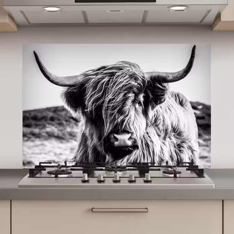 Schotse hooglander - Natuur - Koe - Zwart - Wit keuken achterwand spatscherm klein -3d_website