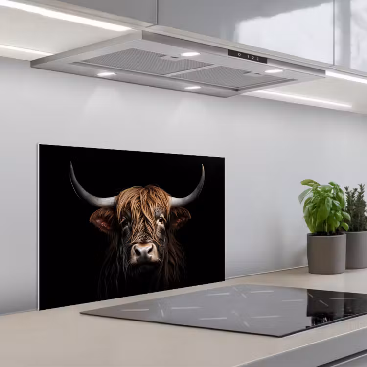 Schotse hooglander - Portret - Zwart - Dier keuken achterwand spatscherm klein -3d_schuin