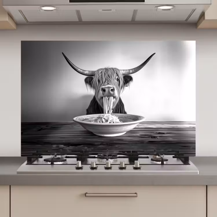 Schotse Hooglander - Spaghetti - Dieren - Zwart wit keuken achterwand spatscherm klein -3d_website