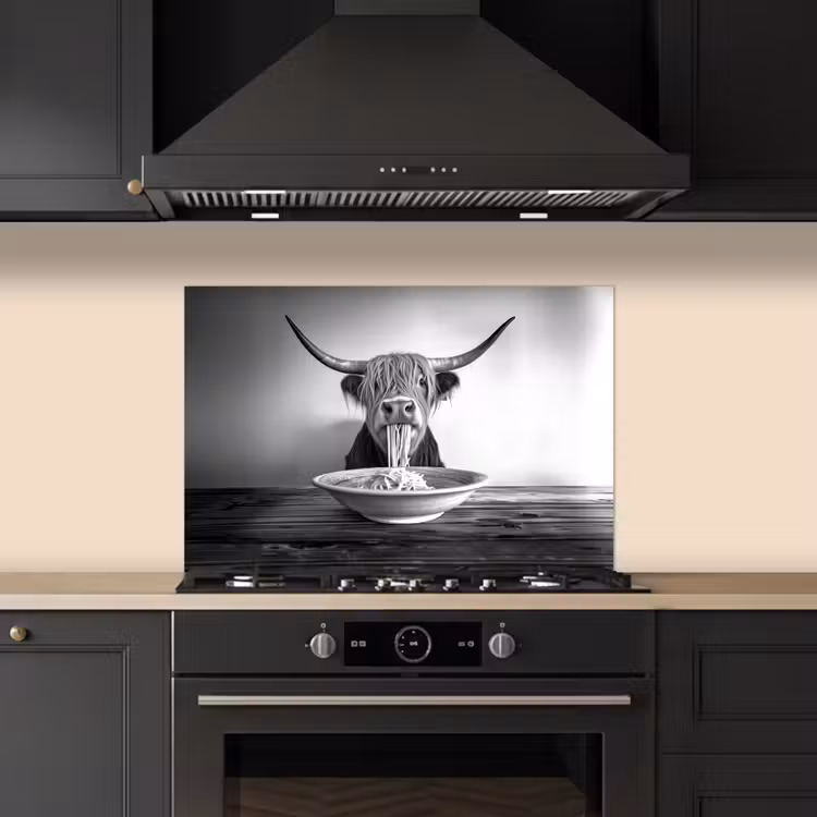Schotse Hooglander - Spaghetti - Dieren - Zwart wit keuken achterwand spatscherm klein -sfeer1