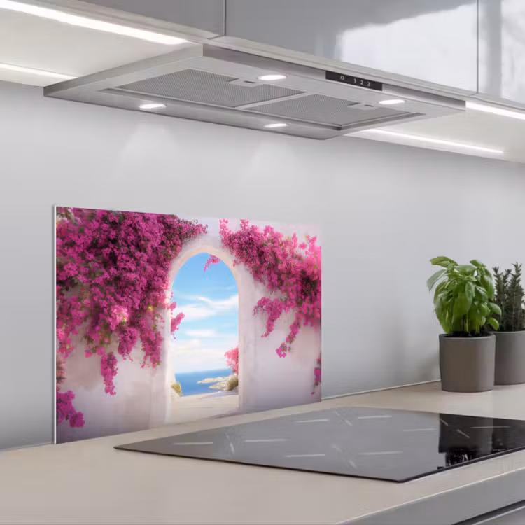 Zee - Roze - Bloemen - Poort keuken achterwand spatscherm klein -3d_schuin