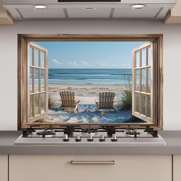 Doorkijk - Strandstoelen - Duinen - Zee - Natuur keuken achterwand spatscherm klein -3d_website