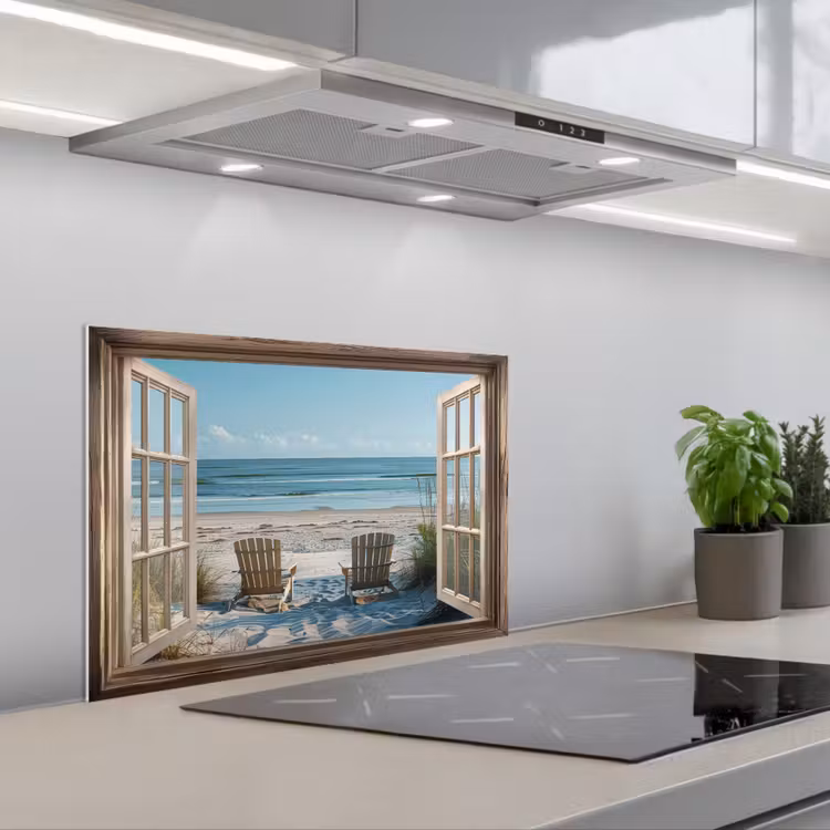 Doorkijk - Strandstoelen - Duinen - Zee - Natuur keuken achterwand spatscherm klein -3d_schuin