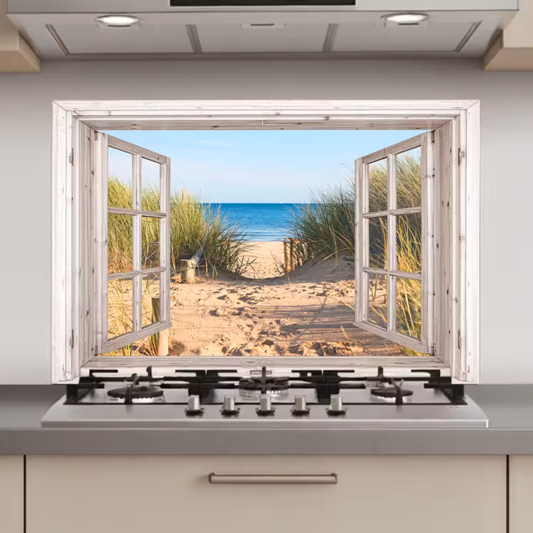 Doorkijk - Strand - Zee - Duinen - Zand - Water - Helmgras keuken achterwand spatscherm klein -3d_website