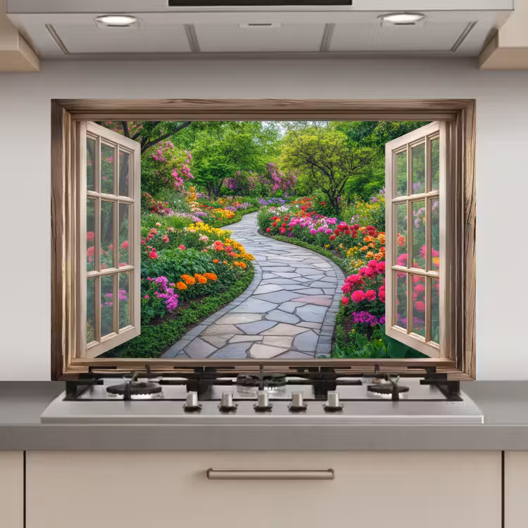 Doorkijk - Bloemen - Tuinpad - Natuur - Raam keuken achterwand spatscherm klein -3d_website