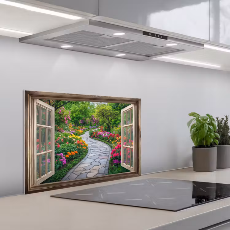 Doorkijk - Bloemen - Tuinpad - Natuur - Raam keuken achterwand spatscherm klein -3d_schuin