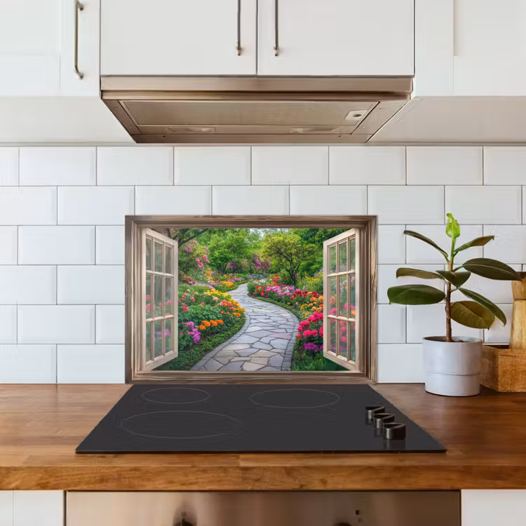 Doorkijk - Bloemen - Tuinpad - Natuur - Raam keuken achterwand spatscherm klein -sfeer2