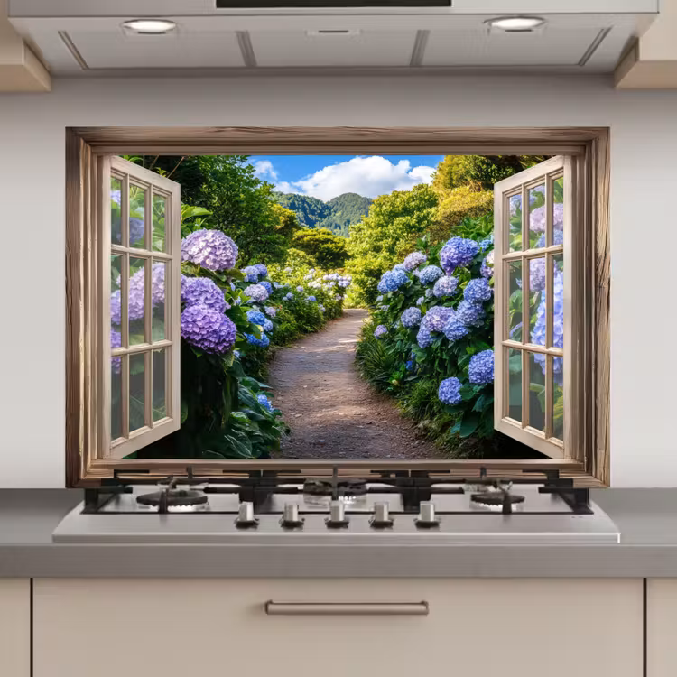 Doorkijk - Hortensia - Pad - Natuur keuken achterwand spatscherm klein -3d_website