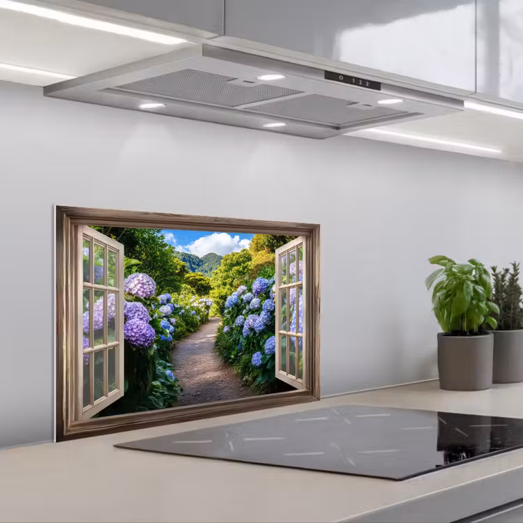 Doorkijk - Hortensia - Pad - Natuur keuken achterwand spatscherm klein -3d_schuin
