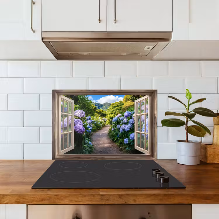 Doorkijk - Hortensia - Pad - Natuur keuken achterwand spatscherm klein -sfeer2