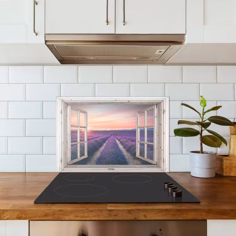 Doorkijk - Lavendel - Bloemen - Hout - Zonsondergang - Paars keuken achterwand spatscherm klein -sfeer2