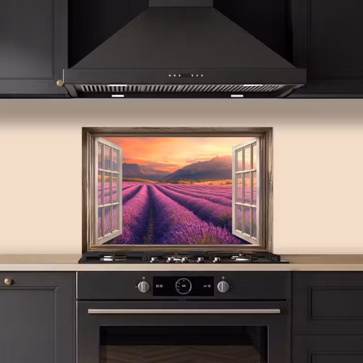 Doorkijk - Lavendel - Landschap - Bloemen - Paars keuken achterwand spatscherm klein -sfeer1